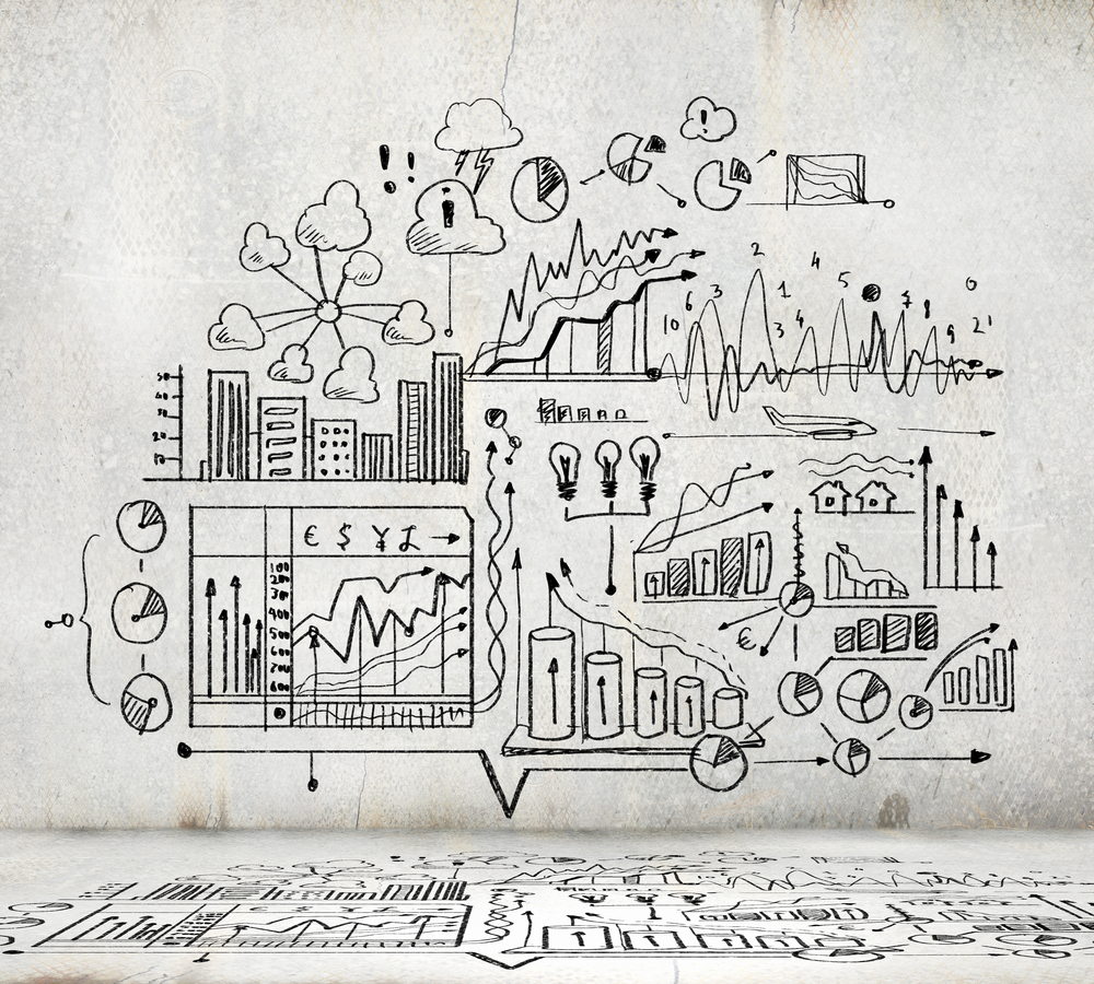 Sketch image with business ideas diagrams and graphs